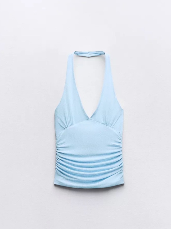 Zara Tops - Zara printed tulle top Light Blue white polka dots Halter V-Neck Ruched Tank Top